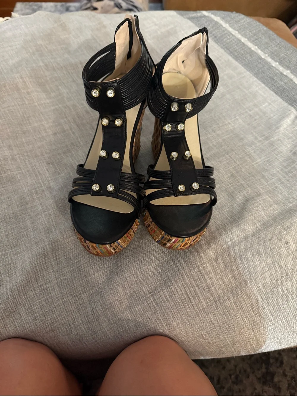 Black Studded T-Strap Espadrille Platform Sandals